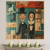Whimsical Folk Art Couple – Vintage-Inspired American Wall Painting on Ready to Hang 1.5" Thick Canvas Wrap, Floating Framed Canvas, Flat Rolled Canvas